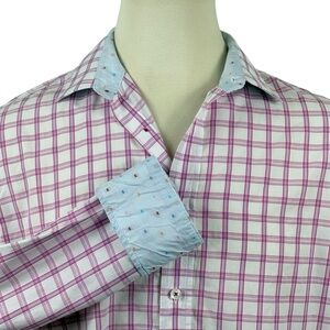 Men’s Quieti Flip Cuff Pink/Blue Plaid 100%‎ Fine Cotton Button Down XL